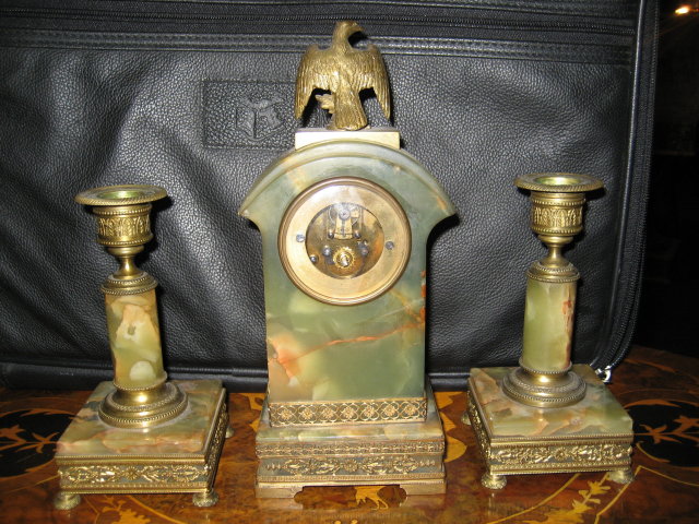 Rare Antique French Miniature Three Piece Clock Set, Napoleonic Styling of the Louis Philippe Era, Onyx and Ormolu