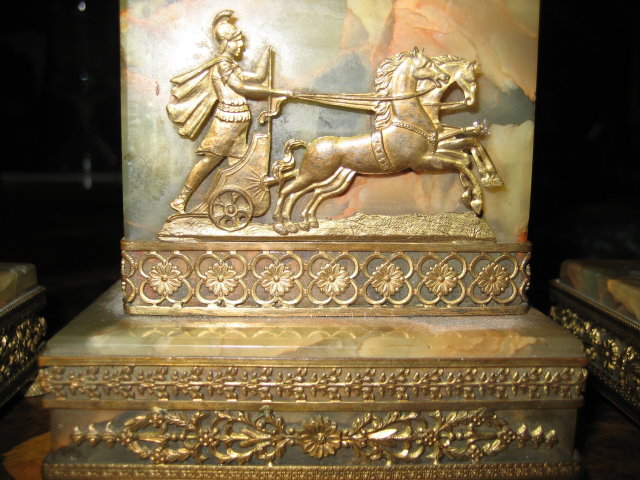 Rare Antique French Miniature Three Piece Clock Set, Napoleonic Styling of the Louis Philippe Era, Onyx and Ormolu