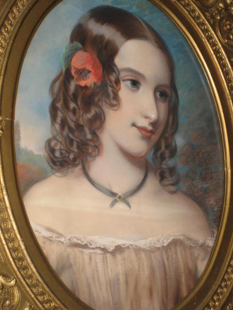 Mid-Nineteenth Century American Pastel on Paper Laid Down on Board of a Beautiful Young Lady with a Flower in Her Hair