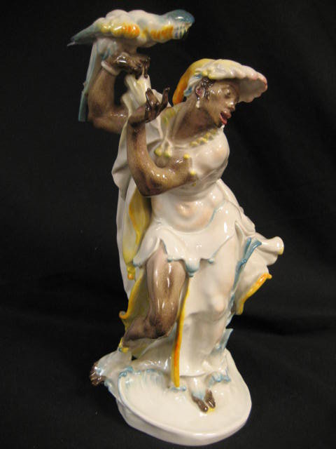 Meissen Porcelain Figurine of An African Woman Dancing with A Parrot on Her Right Hand