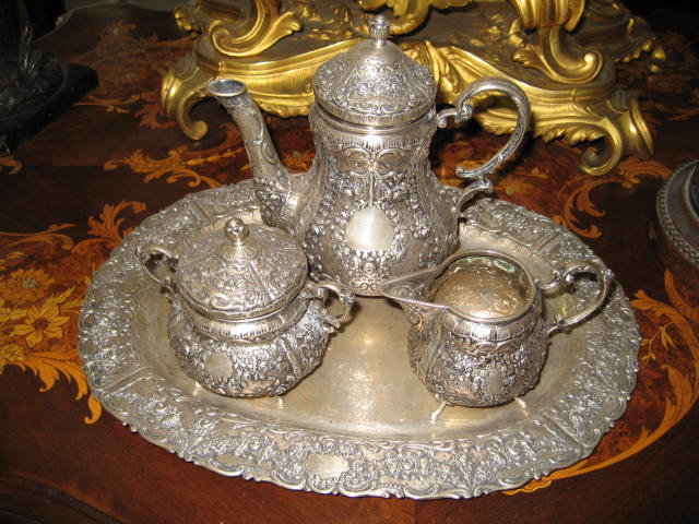 European Nineteenth Century Repousse Silver Chocolate Set With Matching Tray