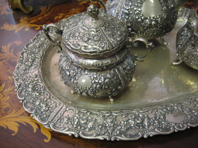 European Nineteenth Century Repousse Silver Chocolate Set With Matching Tray