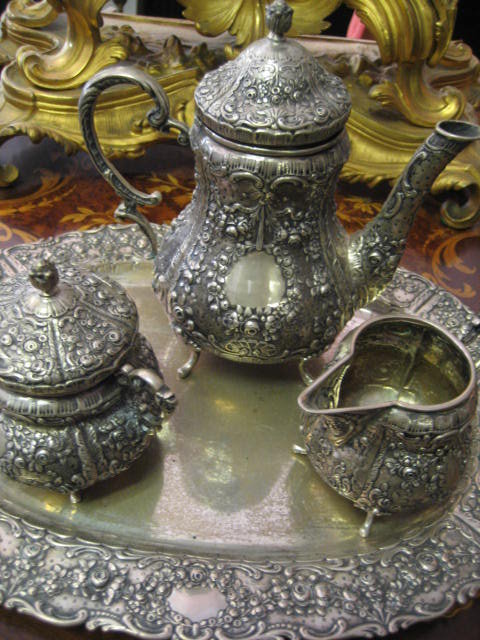 European Nineteenth Century Repousse Silver Chocolate Set With Matching Tray