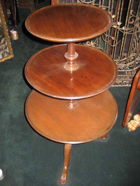 Original Nineteenth Century Mahogany Dumbwaiter (Server) of Three Tiers, Queen Anne, Acanthus Carved Knees And Carved Paw Feet