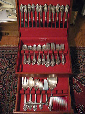 Wallace Grande Baroque Sterling Silver Flatware Set with Storage Chest 79 Pieces