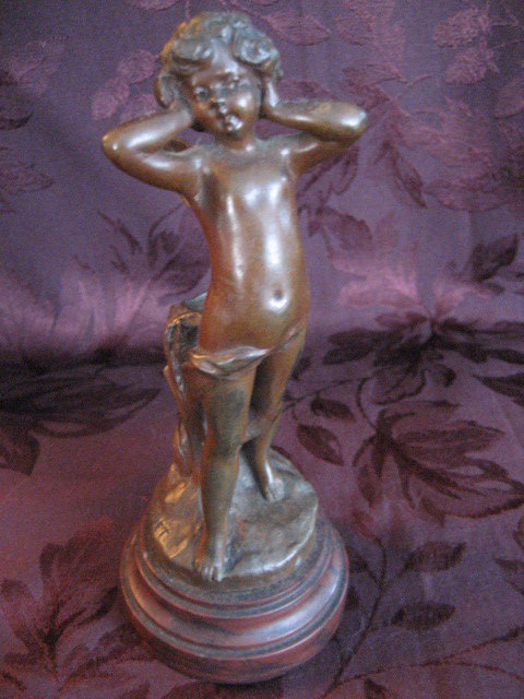 Bronze Cherub with Tree Stump Statue / Carving with Marble Base, Signed by Codet