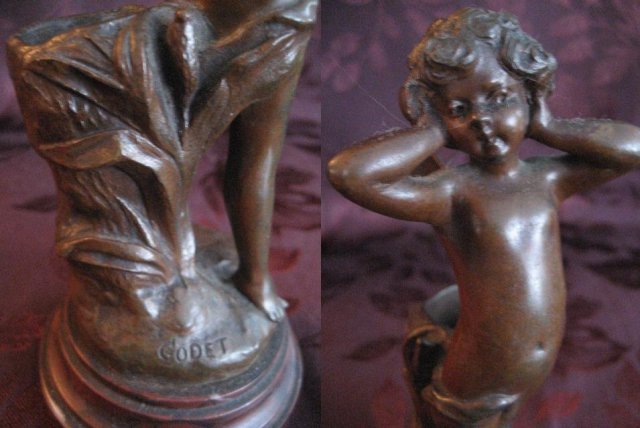 Bronze Cherub with Tree Stump Statue / Carving with Marble Base, Signed by Codet