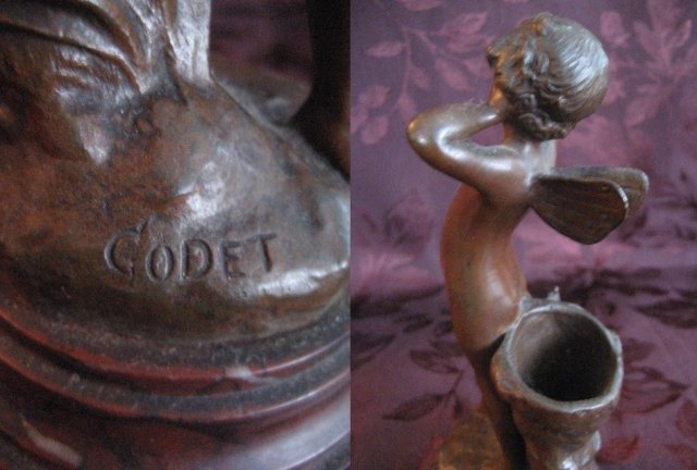 Bronze Cherub with Tree Stump Statue / Carving with Marble Base, Signed by Codet