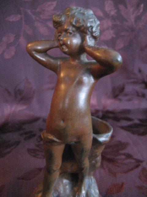 Bronze Cherub with Tree Stump Statue / Carving with Marble Base, Signed by Codet