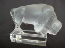 Old Lalique France Clear & Frosted Glass Buffalo Figure / Paperweight