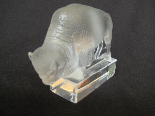 Old Lalique France Clear & Frosted Glass Buffalo Figure / Paperweight