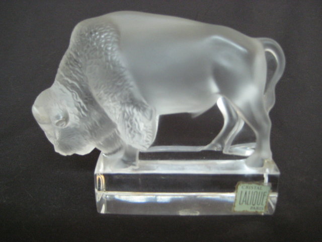 Old Lalique France Clear & Frosted Glass Buffalo Figure / Paperweight