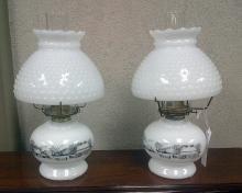 Currier & Ives White Oil Lamp - Pair