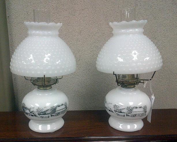Currier & Ives White Oil Lamp - Pair