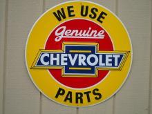 OUR LARGEST WE USE GENUINE CHEVROLET PARTS METAL SIGN // MADE IN USA
