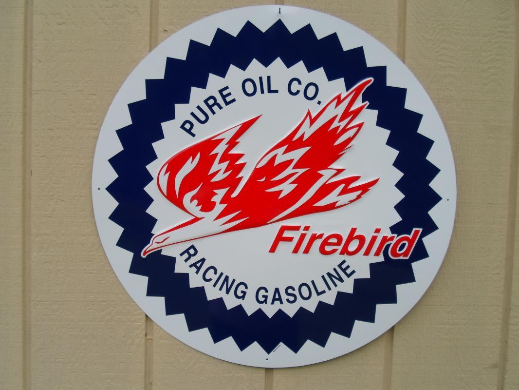 OUR LARGEST PURE OIL COMPANY FIREBIRD RACING GASOLINE SIGN