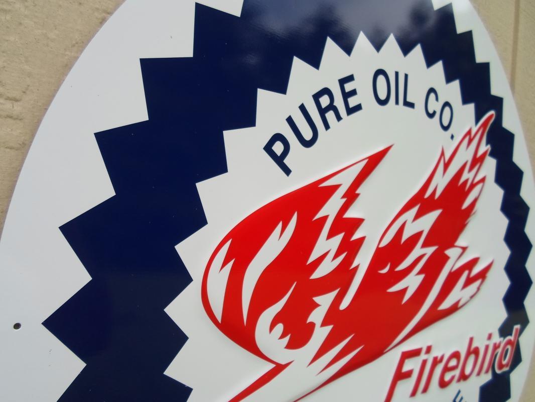 OUR LARGEST PURE OIL COMPANY FIREBIRD RACING GASOLINE SIGN