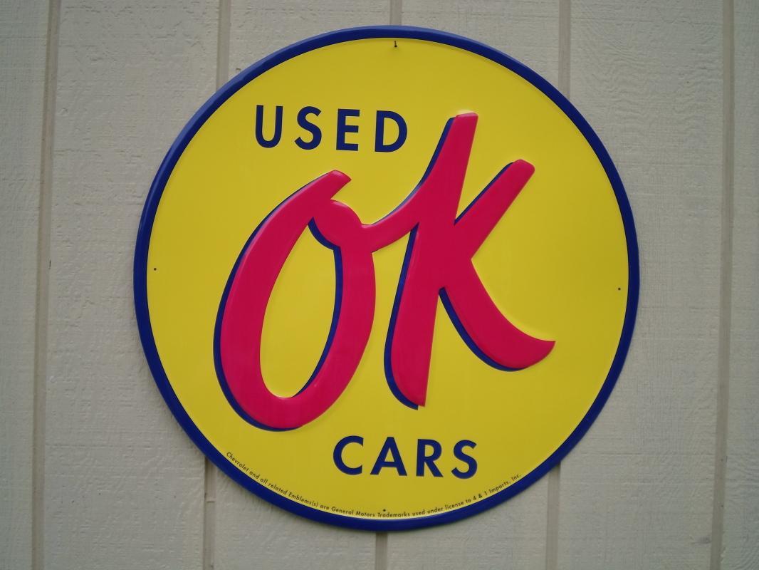 LOT OF THREE OF OUR LARGEST GENERAL MOTORS OK USED CARS SIGNS - GREAT FOR CAR LOT DISPLAYS- FREE SHIPPING