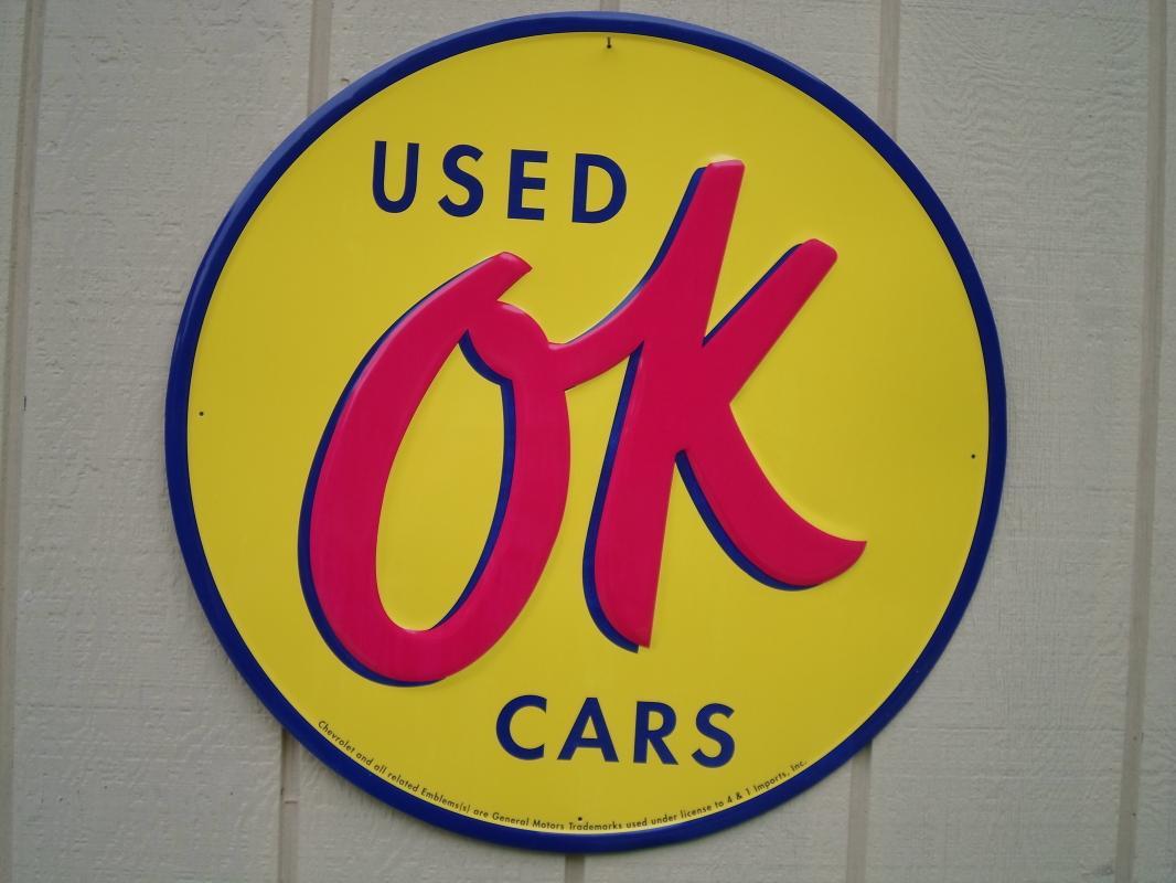 LOT OF THREE OF OUR LARGEST GENERAL MOTORS OK USED CARS SIGNS - GREAT FOR CAR LOT DISPLAYS- FREE SHIPPING