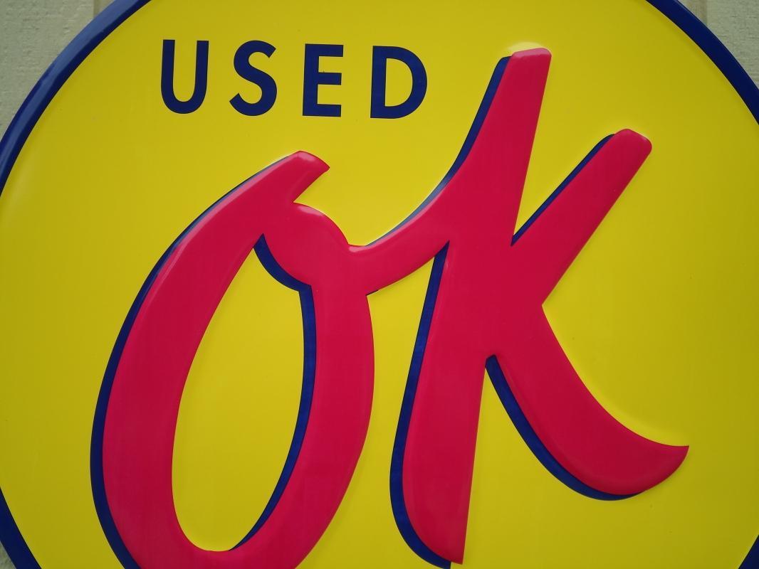 LOT OF THREE OF OUR LARGEST GENERAL MOTORS OK USED CARS SIGNS - GREAT FOR CAR LOT DISPLAYS- FREE SHIPPING