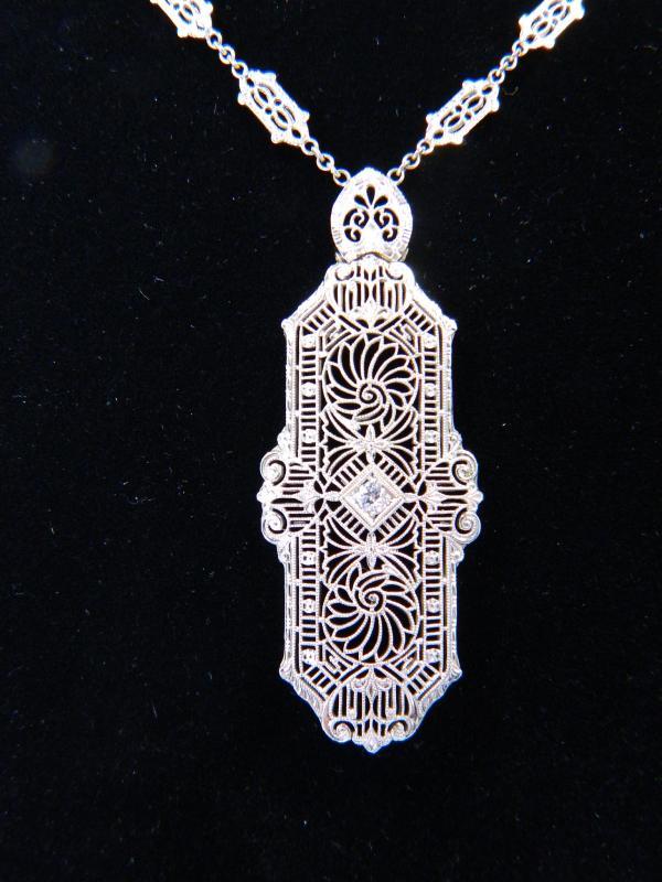 Stunning Art-Deco Diamond, 14K White Gold Filigree Lavaliere Necklace, 19
