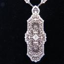 Stunning Art-Deco Diamond, 14K White Gold Filigree Lavaliere Necklace, 19