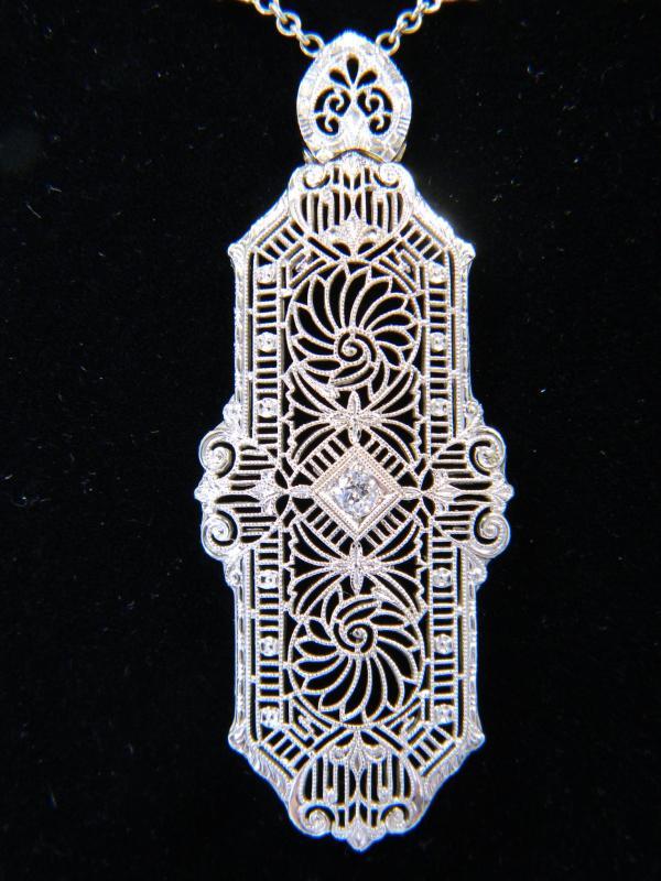 Stunning Art-Deco Diamond, 14K White Gold Filigree Lavaliere Necklace, 19