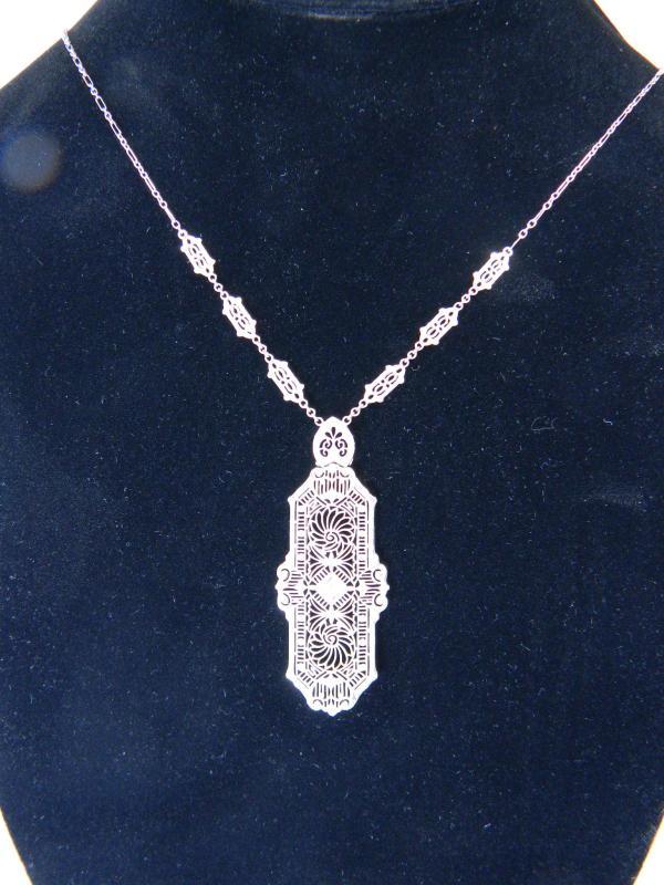 Stunning Art-Deco Diamond, 14K White Gold Filigree Lavaliere Necklace, 19
