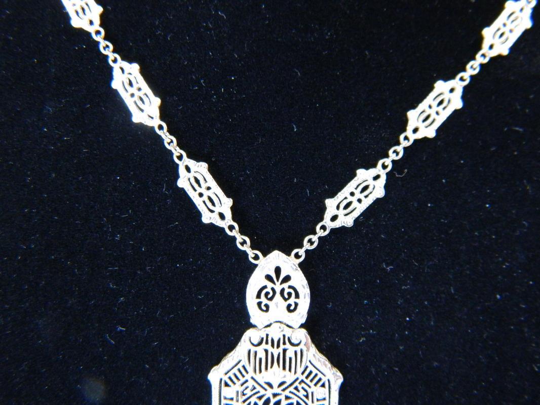 Stunning Art-Deco Diamond, 14K White Gold Filigree Lavaliere Necklace, 19