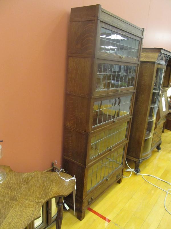 American Oak Bookcase, Globe Wernicke, 5 Stacks, Mission With Leaded Glass Doors
