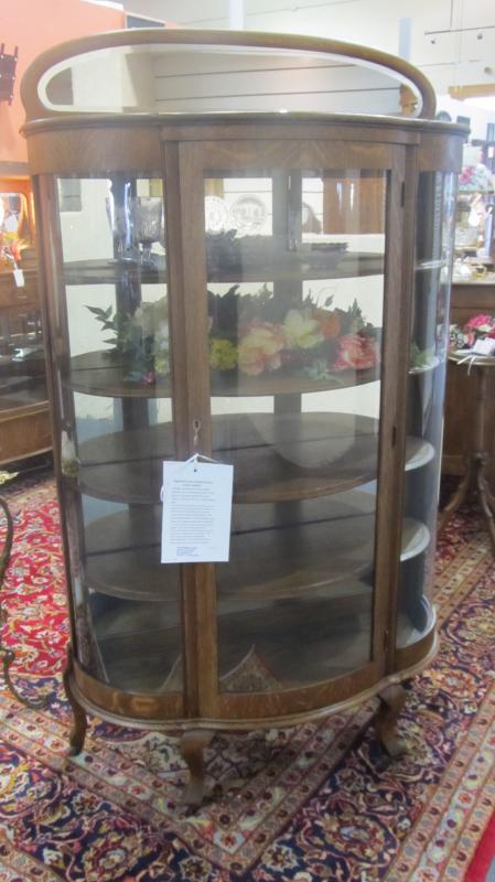American Oak Curved Glass China/Curio Cabinet (half moon shaped mirror crown)
