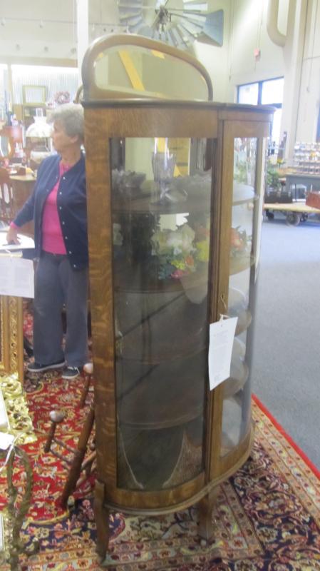 American Oak Curved Glass China/Curio Cabinet (half moon shaped mirror crown)