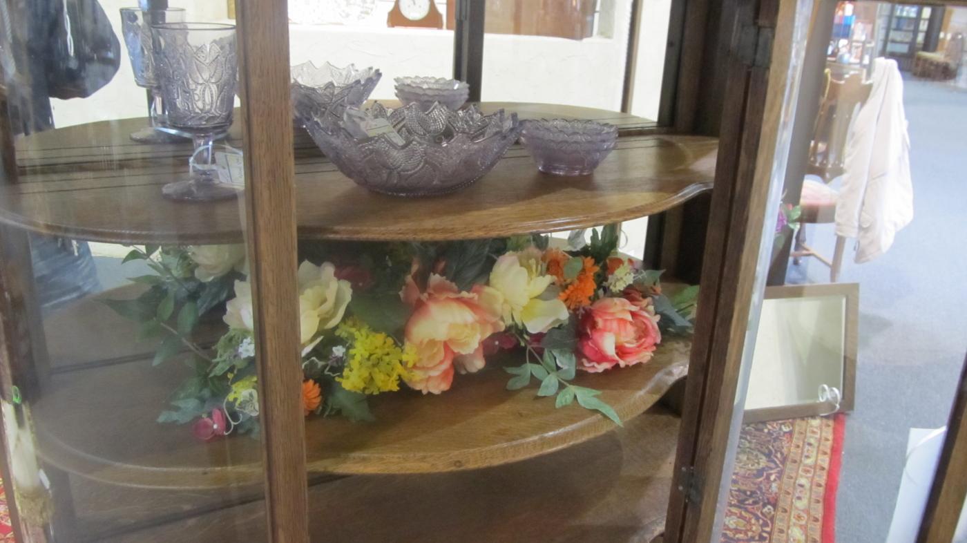 American Oak Curved Glass China/Curio Cabinet (half moon shaped mirror crown)