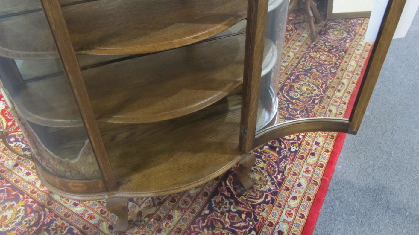 American Oak Curved Glass China/Curio Cabinet (half moon shaped mirror crown)