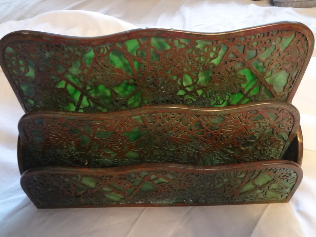 Impressive Tiffany Studios LCT Green Favrile Glass Grapevine Desk Letter Rack