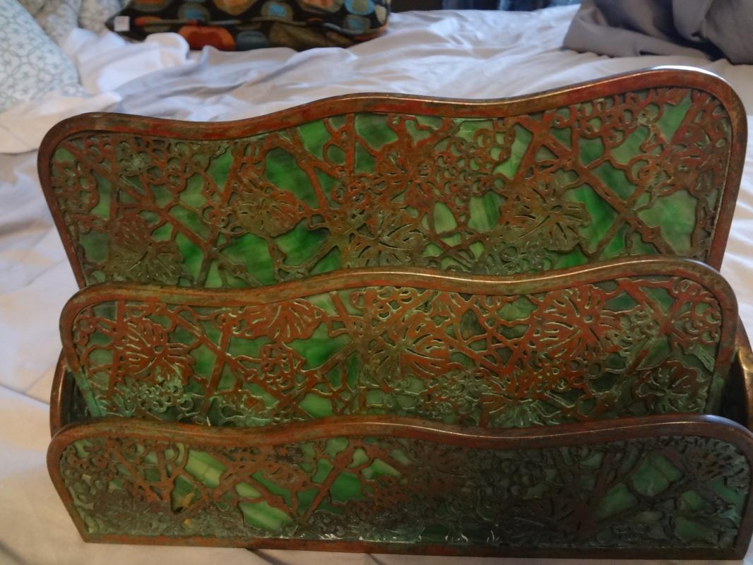 Impressive Tiffany Studios LCT Green Favrile Glass Grapevine Desk Letter Rack