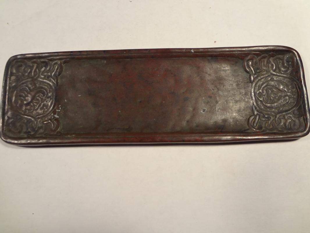 ANTIQUE Tiffany Studios Zodiac Pattern Bronze Deskset Pen Tray Signed
