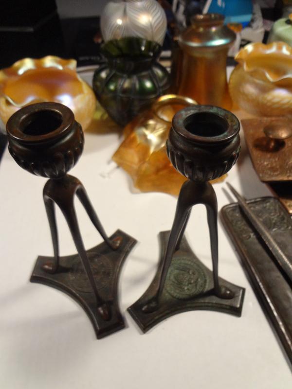 ANTIQUE Signed Bronze TIFFANY Studios 1905-1906 New York Tripod Candlesticks