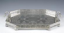 Large, Decorative Antique English Silver Gallery Tray