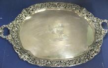 English, Sterling Silver Tray. Grape Vine & Insects Cast Border. Dove With Olive Branch Crest