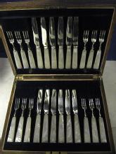 12pr Of Mother Of Pearl Handled Dessert Or Fruit Set With Sterling Silver Blades