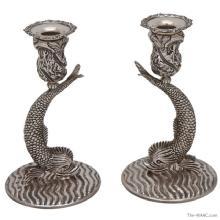Pr. Figural Sterling Silver Dolphin Form Nautical Candlesticks