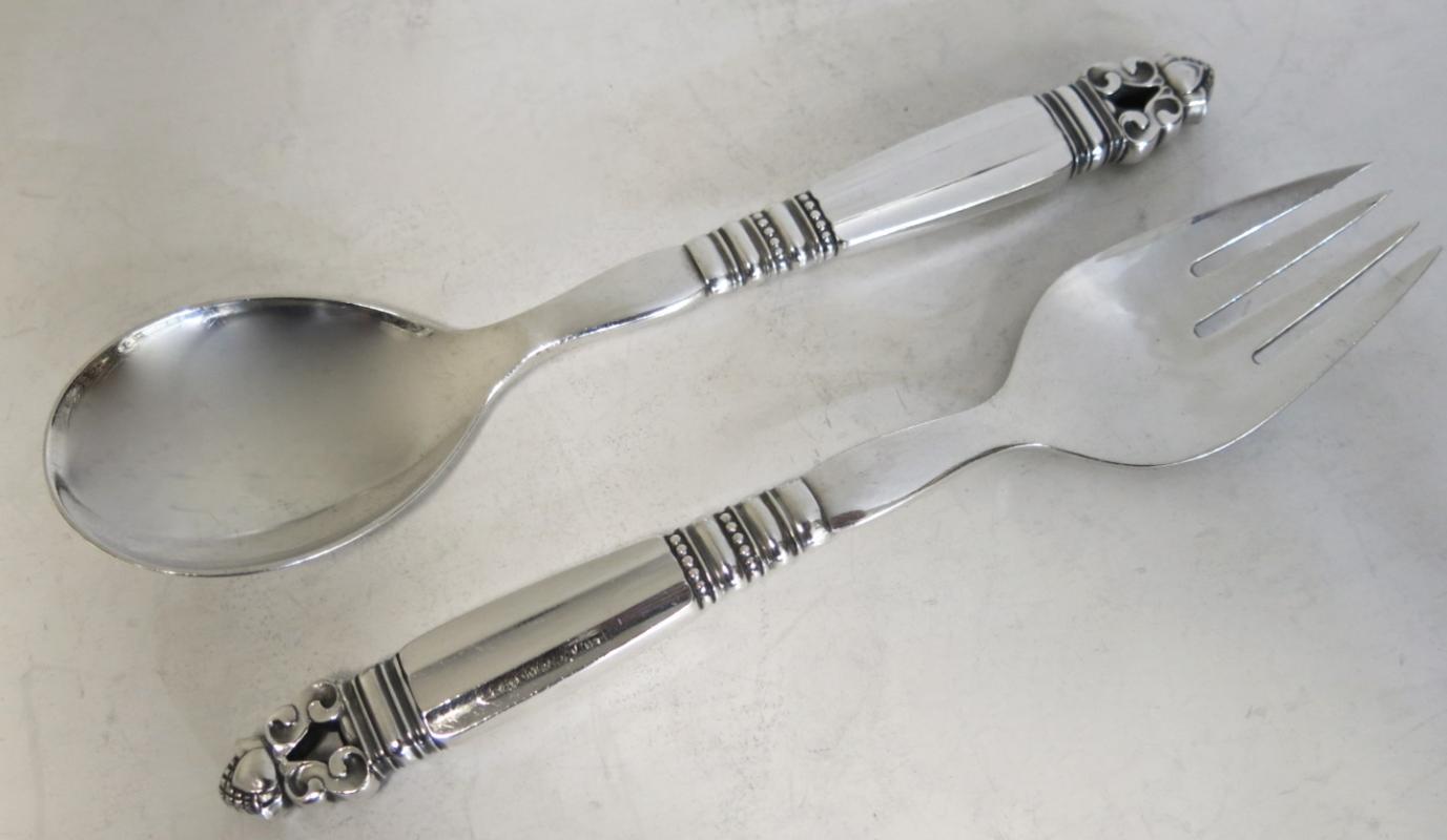 George Jensen ACORN Sterling Salad Servers. Solid Handles