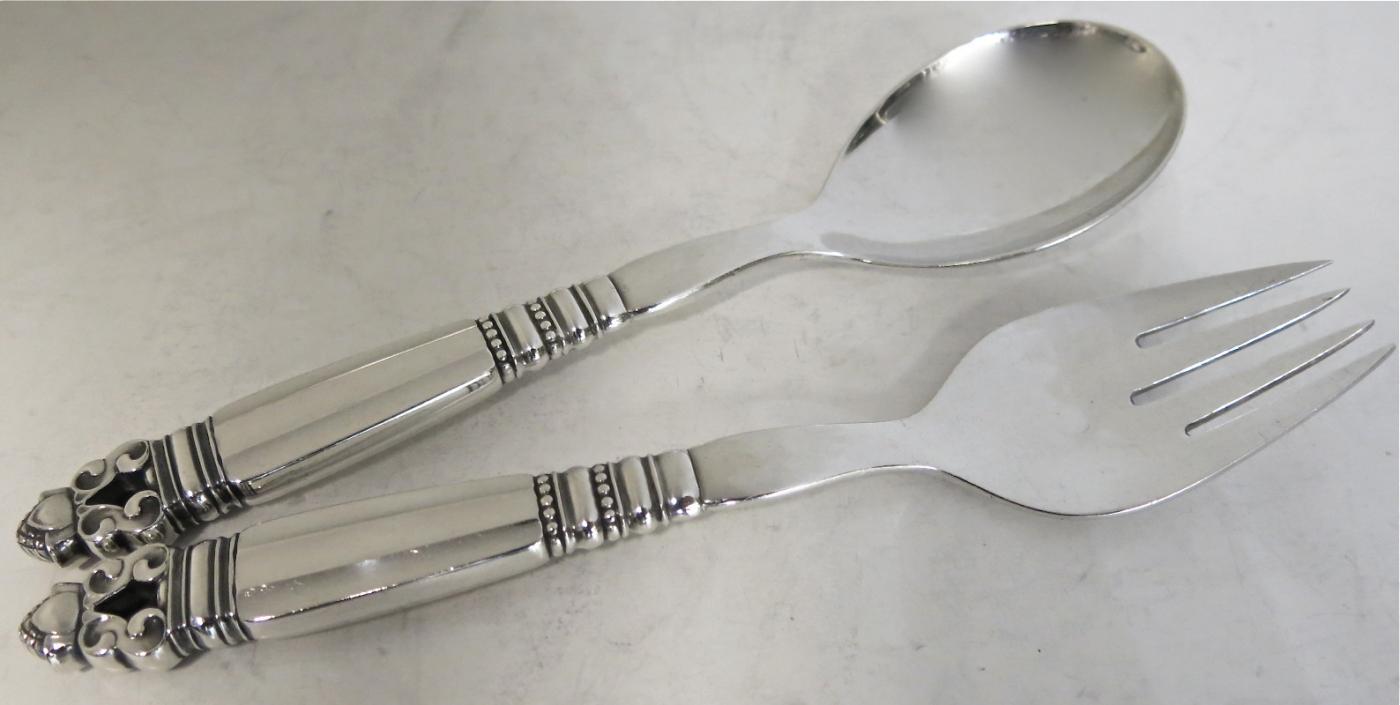 George Jensen ACORN Sterling Salad Servers. Solid Handles