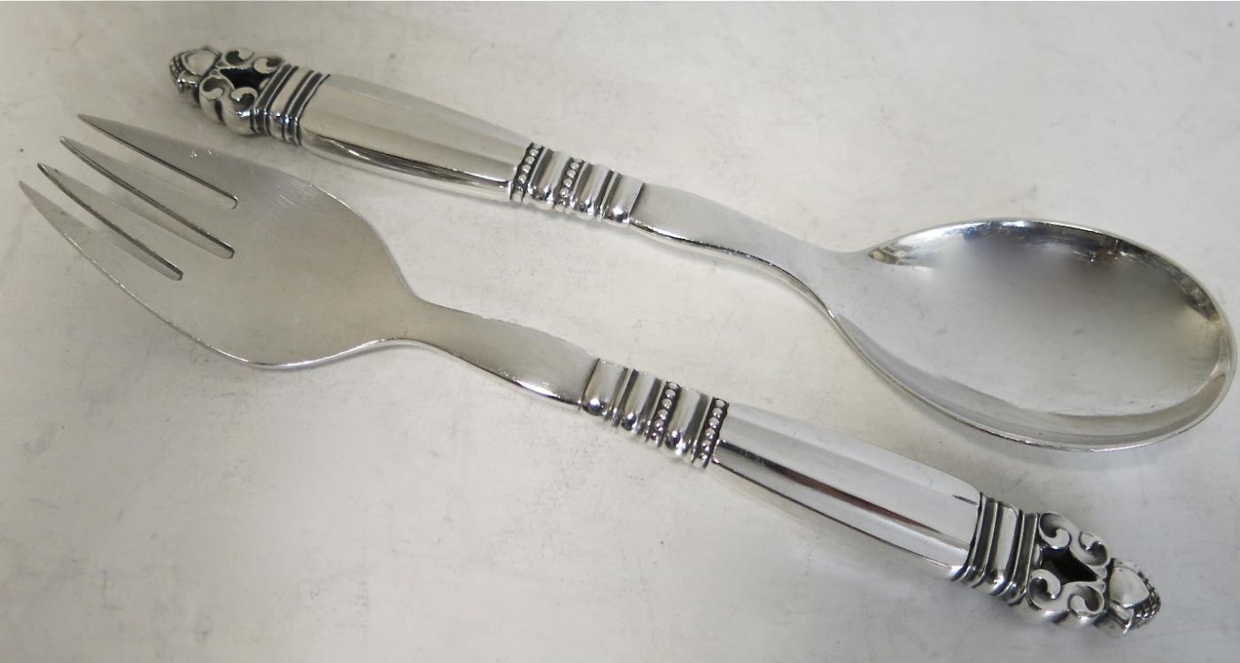 George Jensen ACORN Sterling Salad Servers. Solid Handles