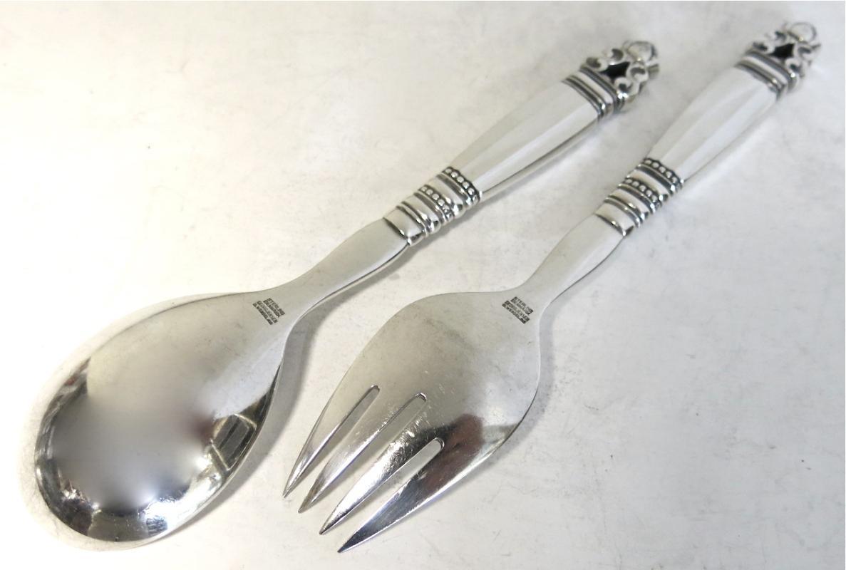 George Jensen ACORN Sterling Salad Servers. Solid Handles