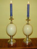 Pair of Ostrich Eggs and silverered metal Candlesticks