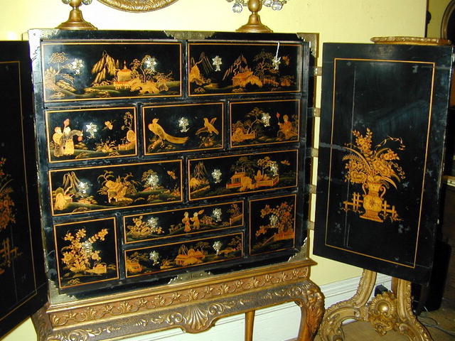 18th. English Japanned/Chinoiserie Cabinet on Later Stand