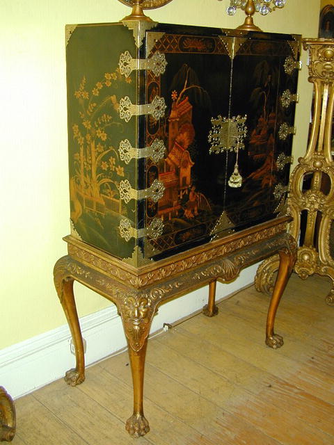 18th. English Japanned/Chinoiserie Cabinet on Later Stand