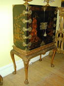 18th. English Japanned/Chinoiserie Cabinet on Later Stand